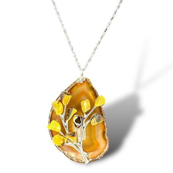 Large Stone Pendant Slice Agate with Flower Tiger’s Eye Silverstone Chain - Picture 1 of 7